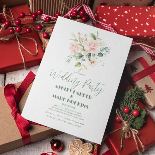 ピンク淡い色のローズブーケウェディングパーティー招待状 招待状