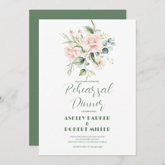 ピンク淡い色のローズブーケリハーサルディナー招待状 招待状 (正面/裏面)