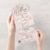 ピンク淡い色のローズブーケQRコード オールインワン招待状 (貼ってはがせる)