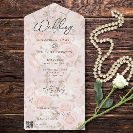 ピンク淡い色のローズブーケQRコード オールインワン招待状