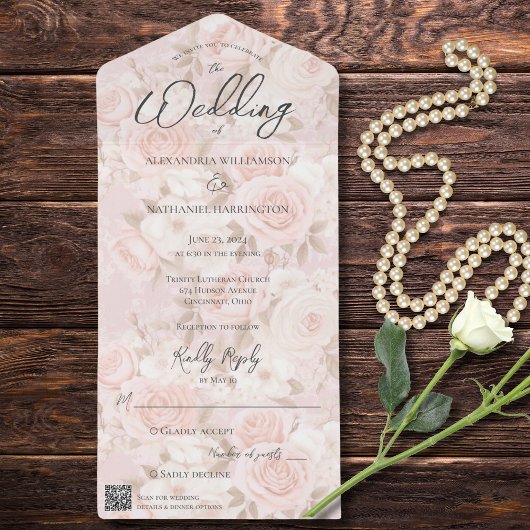 ピンク淡い色のローズブーケQRコード オールインワン招待状