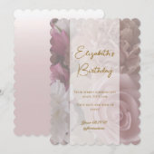 ピンク淡い色のローズ誕生日招待状カード サンキューカード (正面/裏面)