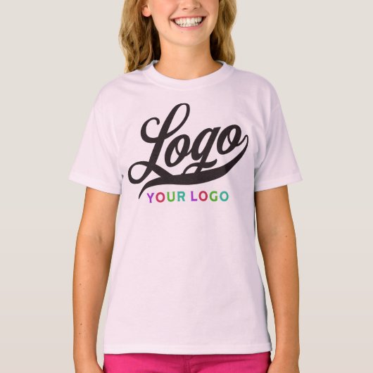 ピンク淡い色の会社ロゴスワッグビジネスキッズガールズ Tシャツ (正面)