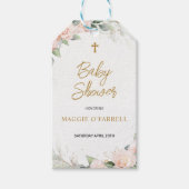 ピンク淡い色の色の花宗教的な赤ちゃんシャワー ギフトタグ (正面)