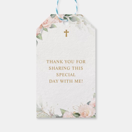 ピンク淡い色の色の花宗教的な赤ちゃんシャワー ギフトタグ (裏面)