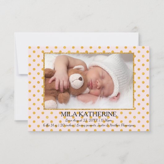 ピンク淡い色の金ゴールドグリッタードット–3x5誕生のお知らせ 案内状 (正面)