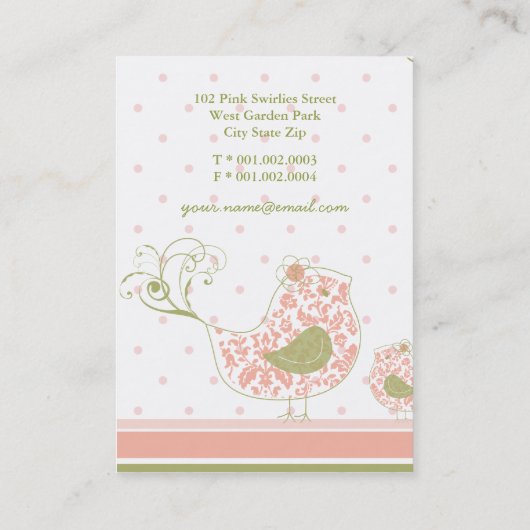 ピンク渦巻形ののダマお洒落スクのママとベビーの鳥 名刺 (裏面)