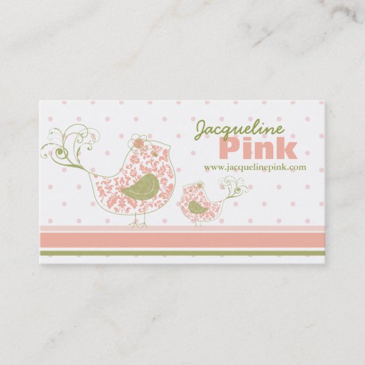 ピンク渦巻形ののダマお洒落スクのママとベビーの鳥 名刺 (正面)