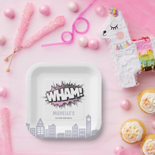 ピンク漫画ズブックスーパーヒーロー誕生日 ペーパープレート (パーティー)