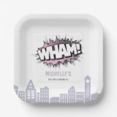 ピンク漫画ズブックスーパーヒーロー誕生日 ペーパープレート (正面)