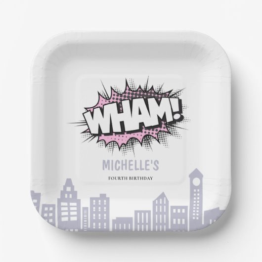 ピンク漫画ズブックスーパーヒーロー誕生日 ペーパープレート (正面)