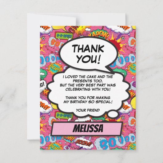 ピンク漫画ブックスーパーヒーローバースデーパーティー サンキューカード (正面)