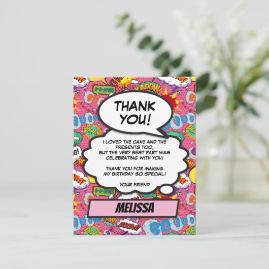 ピンク漫画ブックスーパーヒーローバースデーパーティー サンキューカード (スタンド正面)