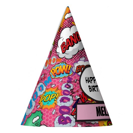 ピンク漫画ブックスーパーヒーロー誕生日 パーティーハット (左)