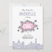 ピンク漫画ブックヒーロー1歳招待状 招待状 (正面)