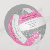 ピンク灰色のボホドゥルバレーボールスポーツ誕生日 案内状 (正面/裏面)