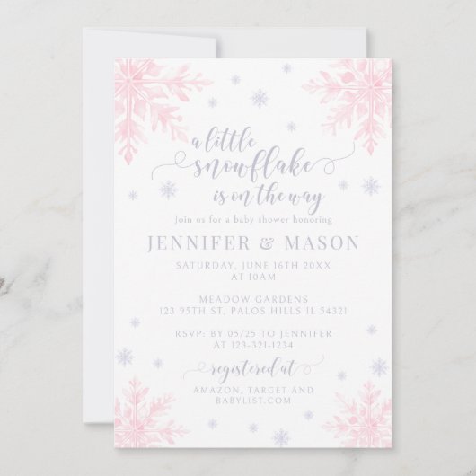 ピンク灰色の小さなスノーフレーク冬の赤ちゃん女の子シャワー 招待状 (正面)