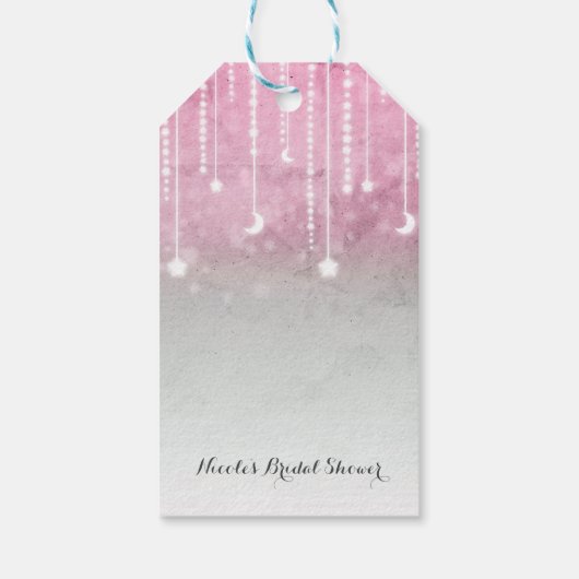 ピンク灰色の白い月と星の天空の赤ちゃんシャワー ギフトタグ (裏面)