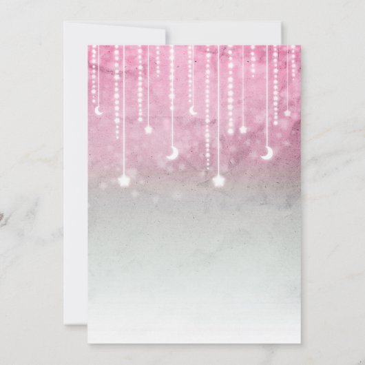 ピンク灰色の白い月と星の天空の赤ちゃんシャワー 招待状 (裏面)