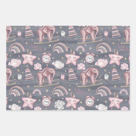 ピンク灰色の白い赤ちゃん女の子アイテム&花 ラッピングペーパーシート (正面2)