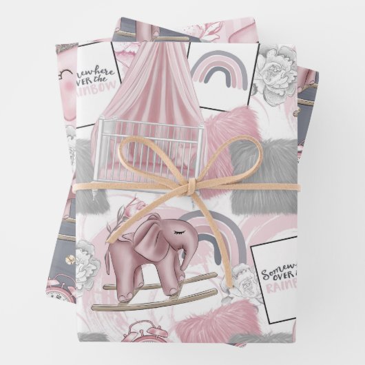 ピンク灰色の白い赤ちゃん女の子アイテム&花 ラッピングペーパーシート (インサイチュ)