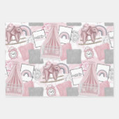 ピンク灰色の白い赤ちゃん女の子アイテム&花 ラッピングペーパーシート (正面)