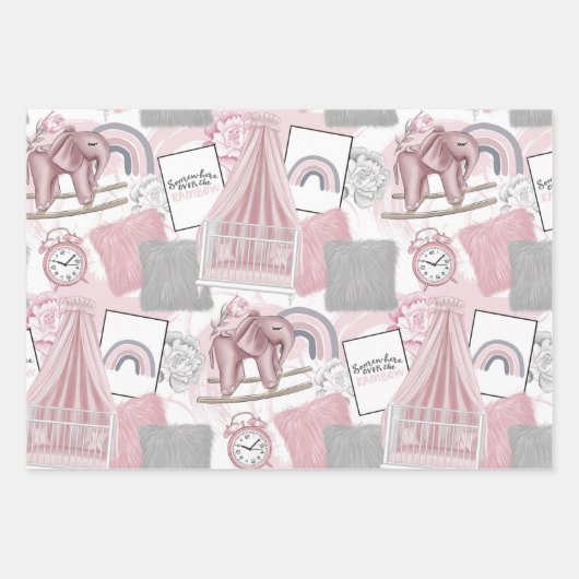 ピンク灰色の白い赤ちゃん女の子アイテム&花 ラッピングペーパーシート (正面)