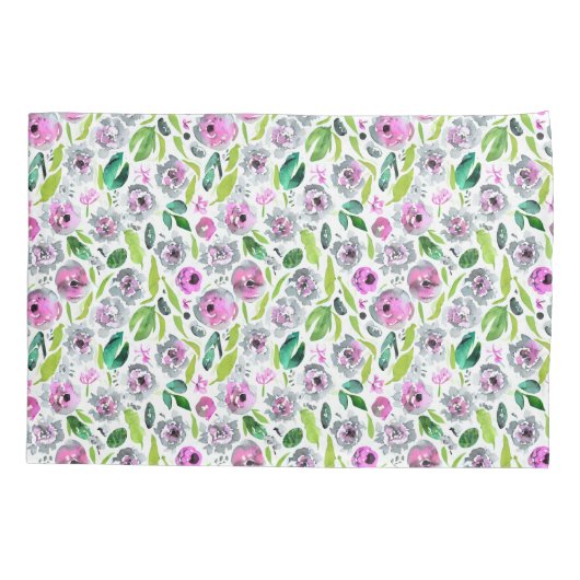 ピンク灰色の緑のフローラ花緑の水色 枕カバー (裏面)