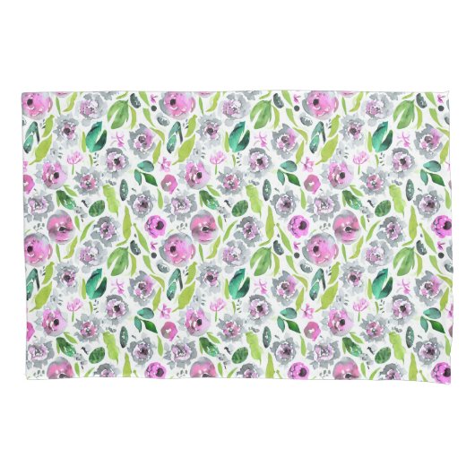 ピンク灰色の緑のフローラ花緑の水色 枕カバー (正面)