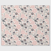 ピンク灰色の黒い植物花パターン ラッピングペーパー (フラット)