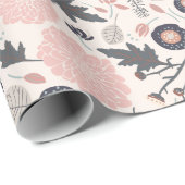 ピンク灰色の黒い植物花パターン ラッピングペーパー (ロールコーナー)
