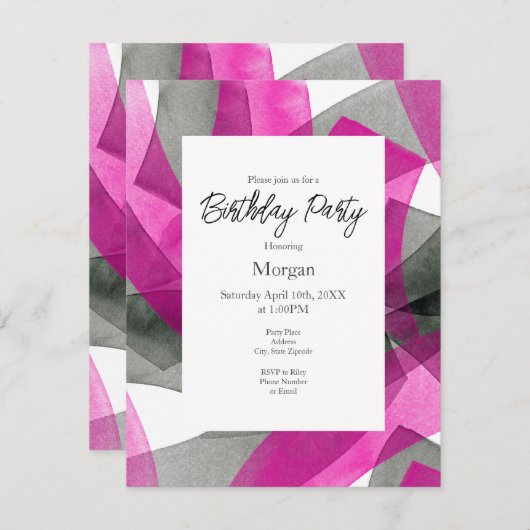 ピンク灰色の黒い水色の抽象芸術ブラシストローク 招待状 (正面/裏面)