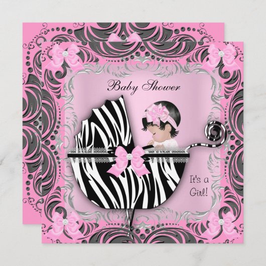 ピンク灰色ゼブラ赤ちゃんシャワーかわいい赤ちゃん女の子 招待状 (正面/裏面)