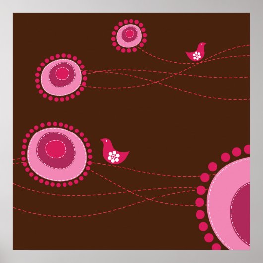 ピンク点々のあるの花とハッピーバードのポスター ポスター (正面)