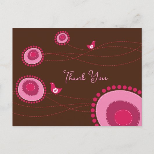 ピンク点々のあるの花とハッピーバード ポストカード (正面)