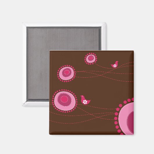 ピンク点々のあるの花と鳥の磁石 マグネット (正面/裏面)