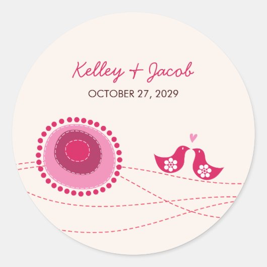 ピンク点々のあるの花点と可愛い愛の鳥結婚たち ラウンドシール (正面)
