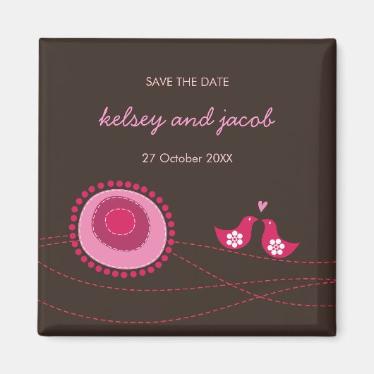 ピンク点々のある色の花とラブバードがデートを救う マグネット (正面)