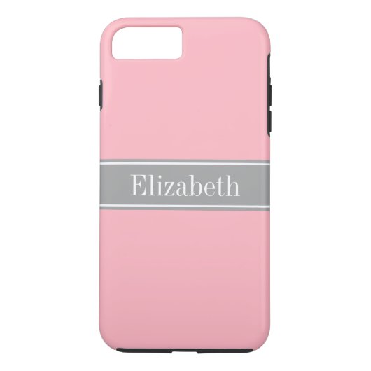 ピンク無地の色の濃いグレーのリボン名モノグラム Case-Mate iPhoneケース (裏面)