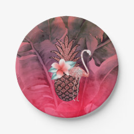 ピンク熱帯グリッターパイナップルルアウ（ハワイ式宴会）パーティー ペーパープレート