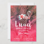 ピンク熱帯グリッターパイナップルルアウ（ハワイ式宴会）ブライダルシャワー 招待状 (正面)