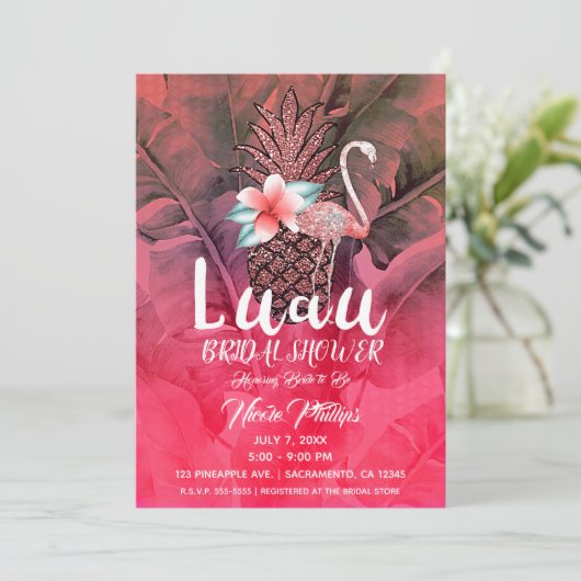 ピンク熱帯グリッターパイナップルルアウ(ハワイ式宴会)ブライダルシャワー 招待状 (スタンド正面)