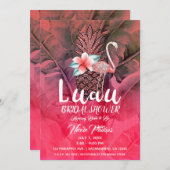 ピンク熱帯グリッターパイナップルルアウ（ハワイ式宴会）ブライダルシャワー 招待状 (正面/裏面)