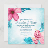 ピンク熱帯ティール(緑がかった色)ハイビスカス結婚式招待状 招待状 (正面)