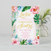 ピンク熱帯フローラルアウ(ハワイ式宴会)ハワイアンSweet sixteen 箔招待状 (立ち正面)