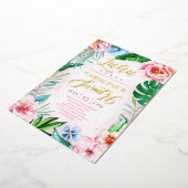 ピンク熱帯フローラルアウ(ハワイ式宴会)ハワイアンSweet sixteen 箔招待状 (回転した状態)