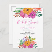ピンク熱帯フローラ水彩ブライダルシャワー インビテーションポストカード (正面/裏面)