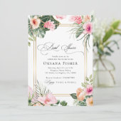ピンク熱帯フローラ金ゴールドフレームブライダルシャワー 招待状 (スタンド正面)