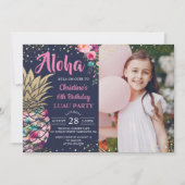 ピンク熱帯性パイナップル海軍ブルー誕生日写真 招待状 (正面)