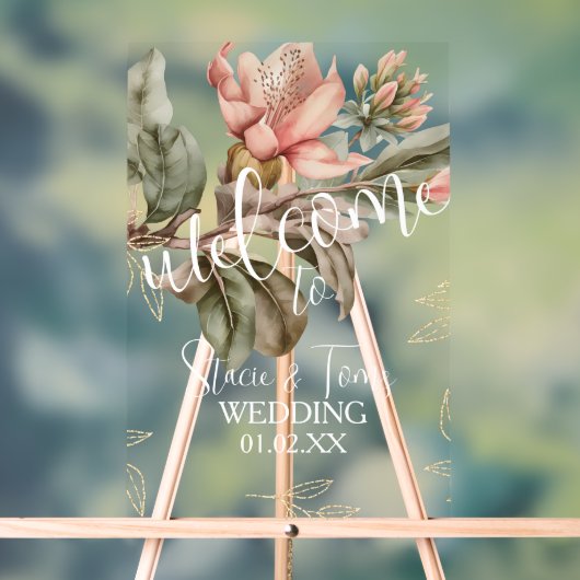 ピンク熱帯植物性花模様結婚金ゴールド アクリルサイン (ニュートラル)